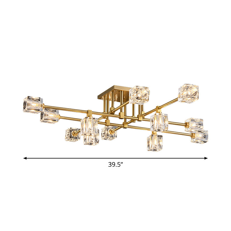 4/12/16 Heads Semi Flush Chandelier Postmodern Ice Cube Crystal Flush Mounted Light in Brass Clearhalo 'Ceiling Lights' 'Close To Ceiling Lights' 'Close to ceiling' 'Semi-flushmount' Lighting' 2015470