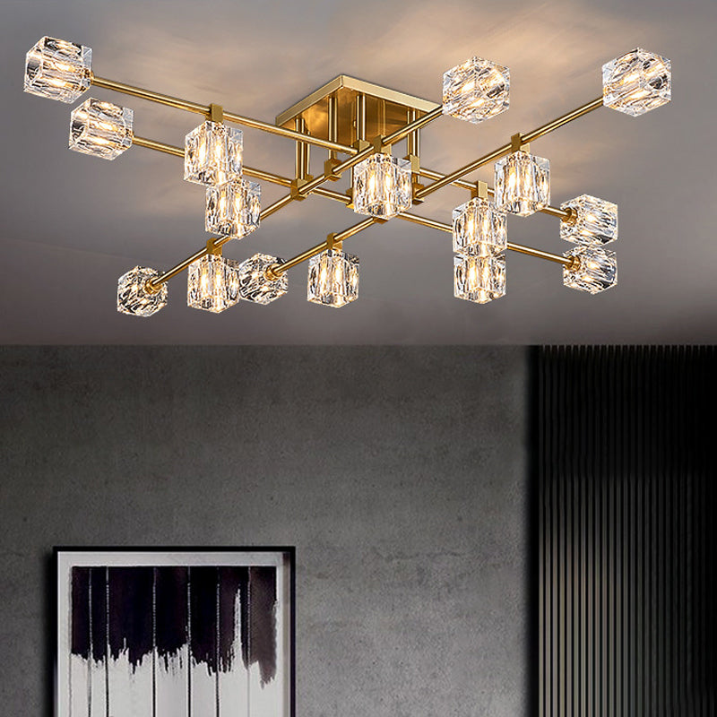 4/12/16 Heads Semi Flush Chandelier Postmodern Ice Cube Crystal Flush Mounted Light in Brass 16 Brass Clearhalo 'Ceiling Lights' 'Close To Ceiling Lights' 'Close to ceiling' 'Semi-flushmount' Lighting' 2015471