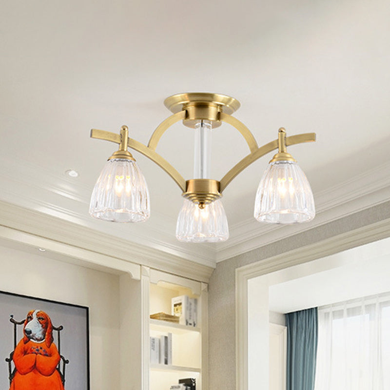 3/6/8 Bulbs Bell Semi Flush Light Modern Brass Textured Glass Ceiling Mount Chandelier for Living Room 3 Brass Clearhalo 'Ceiling Lights' 'Close To Ceiling Lights' 'Close to ceiling' 'Flush mount' Lighting' 2015493