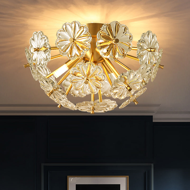 Gold 3/5 Lights Semi Flush Mount Modern Crystal Bouquet Flushmount Ceiling Lamp for Bedroom 3 Gold Clearhalo 'Ceiling Lights' 'Close To Ceiling Lights' 'Close to ceiling' Lighting' 2015569