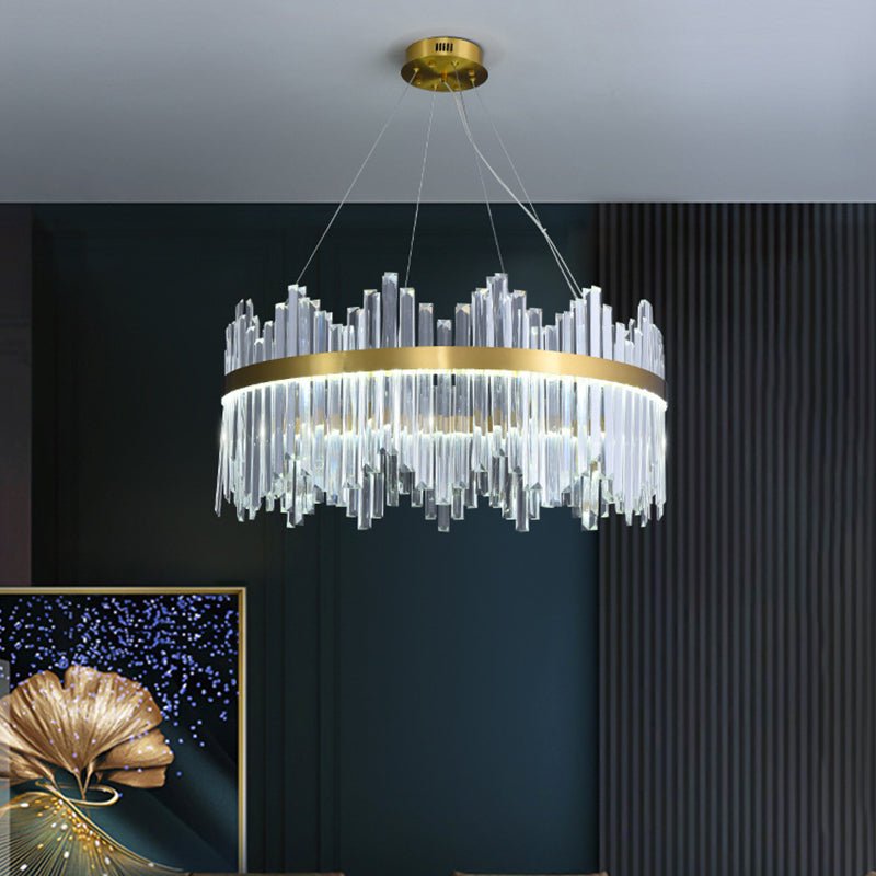 Wavy-Trim Round LED Chandelier Modern Gold 3-Sided Crystal Prism Hanging Ceiling Light, 23.5