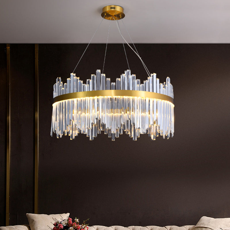 Wavy-Trim Round LED Chandelier Modern Gold 3-Sided Crystal Prism Hanging Ceiling Light, 23.5