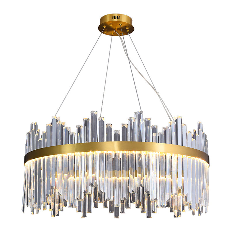 Wavy-Trim Round LED Chandelier Modern Gold 3-Sided Crystal Prism Hanging Ceiling Light, 23.5