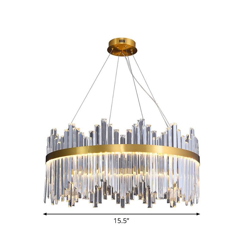 Wavy-Trim Round LED Chandelier Modern Gold 3-Sided Crystal Prism Hanging Ceiling Light, 23.5