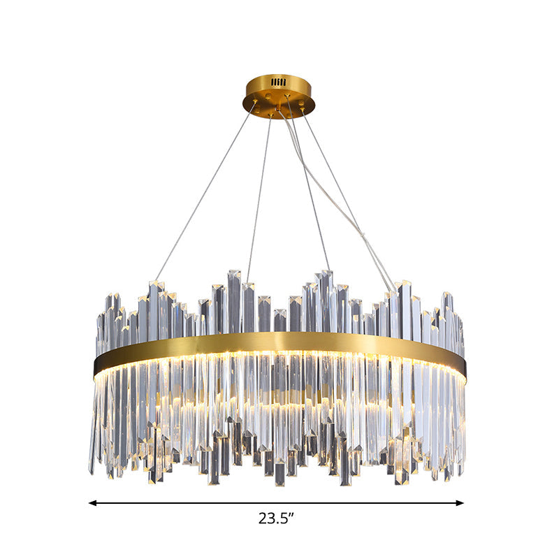 Wavy-Trim Round LED Chandelier Modern Gold 3-Sided Crystal Prism Hanging Ceiling Light, 23.5