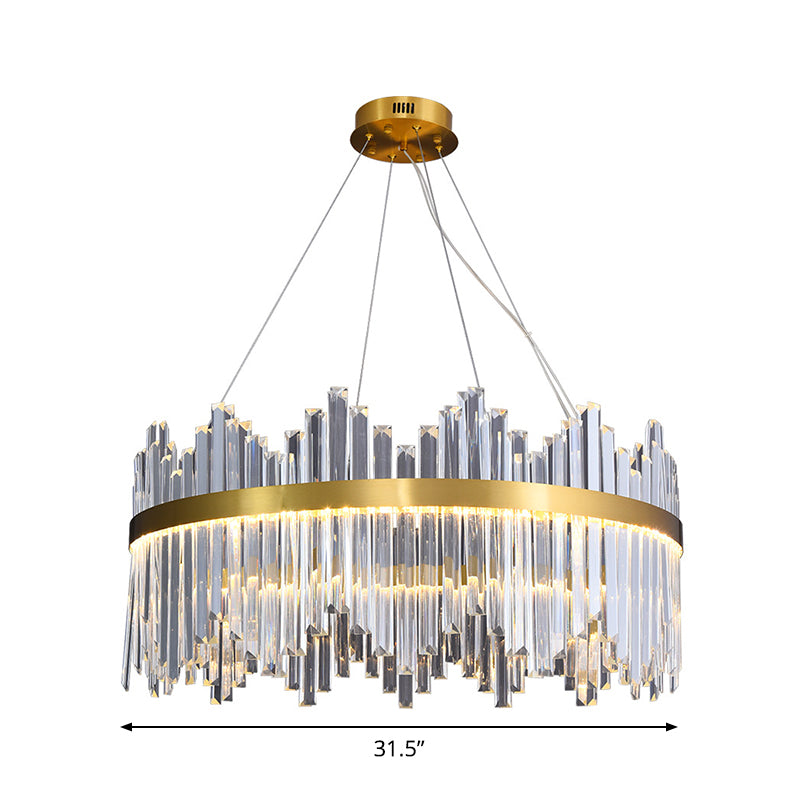 Wavy-Trim Round LED Chandelier Modern Gold 3-Sided Crystal Prism Hanging Ceiling Light, 23.5