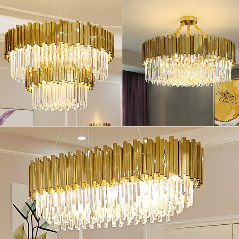 Tri-Sided Crystal Rod LED Chandelier Contemporary Gold Drum/Ellipse Dining Room Hanging Light Kit, 19.5