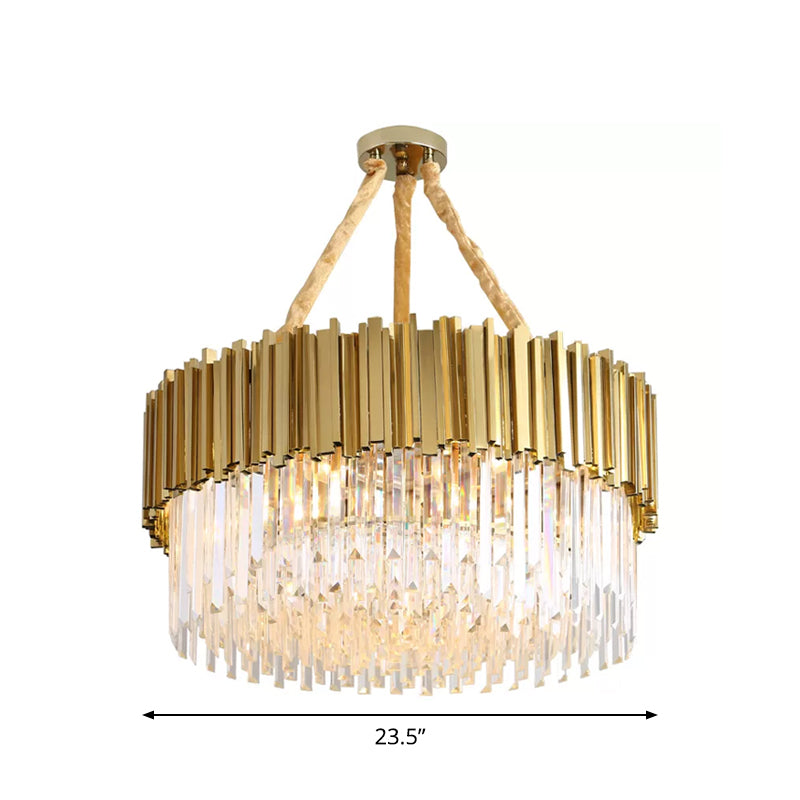Tri-Sided Crystal Rod LED Chandelier Contemporary Gold Drum/Ellipse Dining Room Hanging Light Kit, 19.5