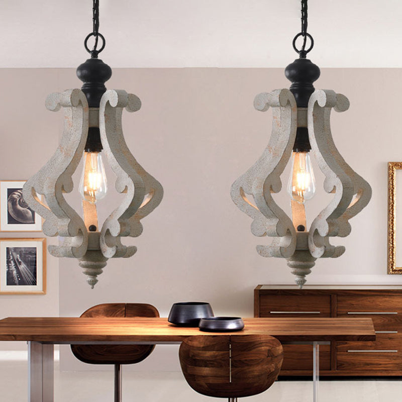 Wood Distressed White Pendant Light Scrolled Frame 1 Bulb Traditional Style Hanging Lamp Kit for Dining Room Distressed White Clearhalo 'Ceiling Lights' 'Pendant Lights' 'Pendants' Lighting' 2016147_02fc3a17-6064-4026-847c-bc9c0939cc9a