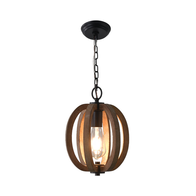 Caged Distressed Wood Hanging Pendant Light Country 1 Head Dining Room Suspension Lighting Clearhalo 'Ceiling Lights' 'Pendant Lights' 'Pendants' Lighting' 2016229