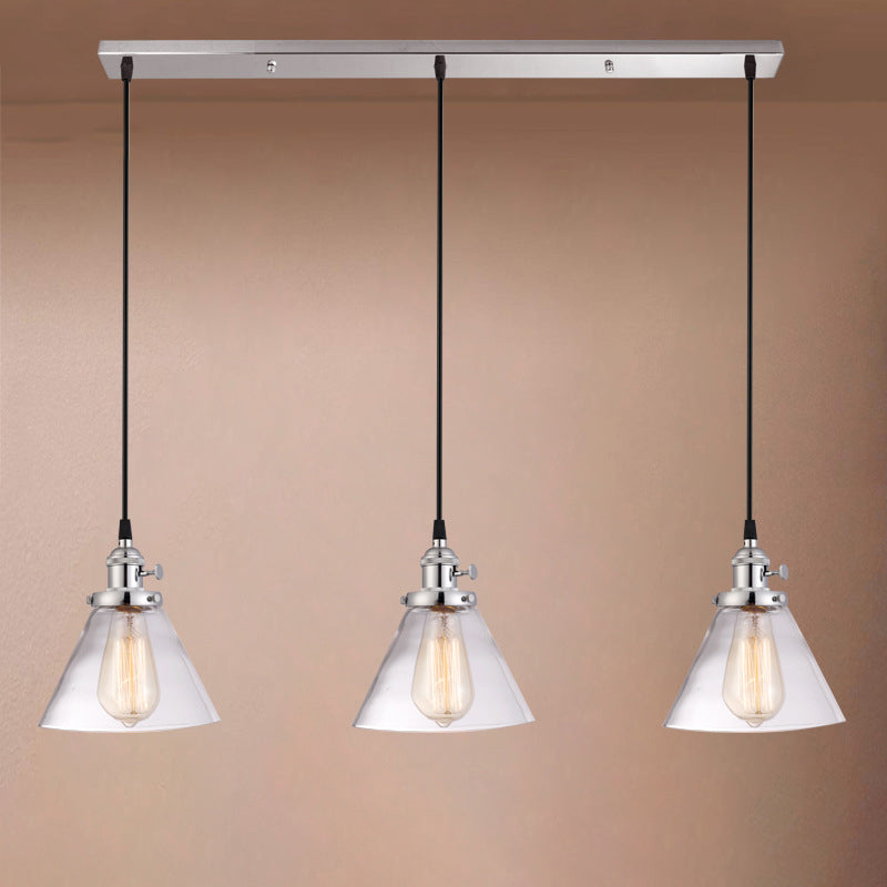 3 Heads Cluster Pendant Light Warehouse Cone Clear Glass Down Lighting for Dining Room Clearhalo 'Ceiling Lights' 'Close To Ceiling Lights' 'Glass shade' 'Glass' 'Industrial Pendants' 'Industrial' 'Middle Century Pendants' 'Pendant Lights' 'Pendants' 'Tiffany' Lighting' 2017516