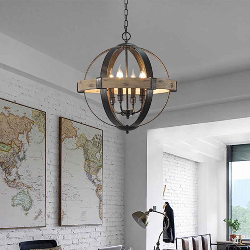 Wood Strap Globe Pendant Chandelier Country Living Room Hanging Lamp Kit in Black Clearhalo 'Ceiling Lights' 'Chandeliers' Lighting' options 2017572