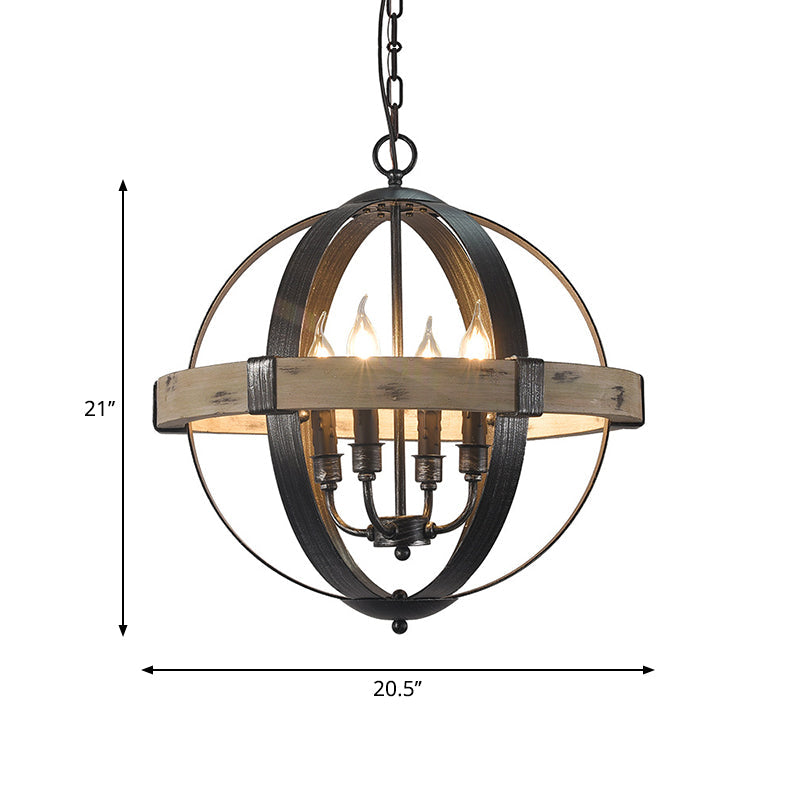 Wood Strap Globe Pendant Chandelier Country Living Room Hanging Lamp Kit in Black Clearhalo 'Ceiling Lights' 'Chandeliers' Lighting' options 2017574