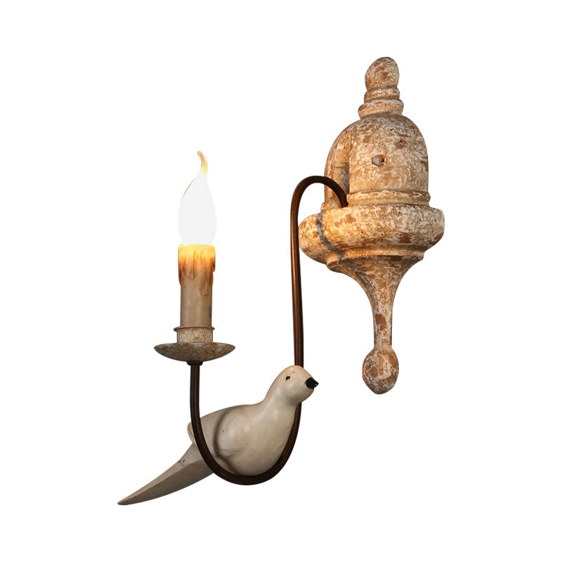 Swooping Arm Living Room Wall Lamp Rustic Wood Distressed White Sconce with Candle and Bird Decoration Clearhalo 'Wall Lamps & Sconces' 'Wall Lights' Lighting' 2017675