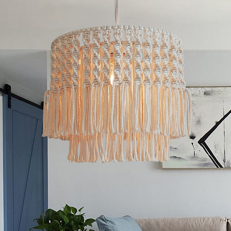 Jute Rope Tiered Tassel Fringe Ceiling Lamp Rural 1-Light Living Room Pendulum Light in Beige Beige Clearhalo 'Ceiling Lights' 'Pendant Lights' 'Pendants' Lighting' 2017705_669cb5ed-fecf-414c-bd52-13544c0f6cb7