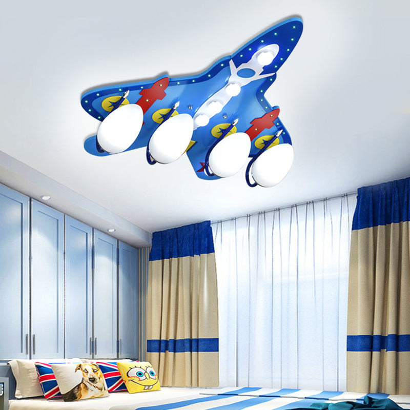 Wooden Attack Airplane Ceiling Light 4 Heads Cartoon Flush Mount Light in Blue for Nursing Room Blue Clearhalo 'Ceiling Lights' 'Close To Ceiling Lights' 'Close to ceiling' 'Glass shade' 'Glass' 'Pendant Lights' Lighting' 201779