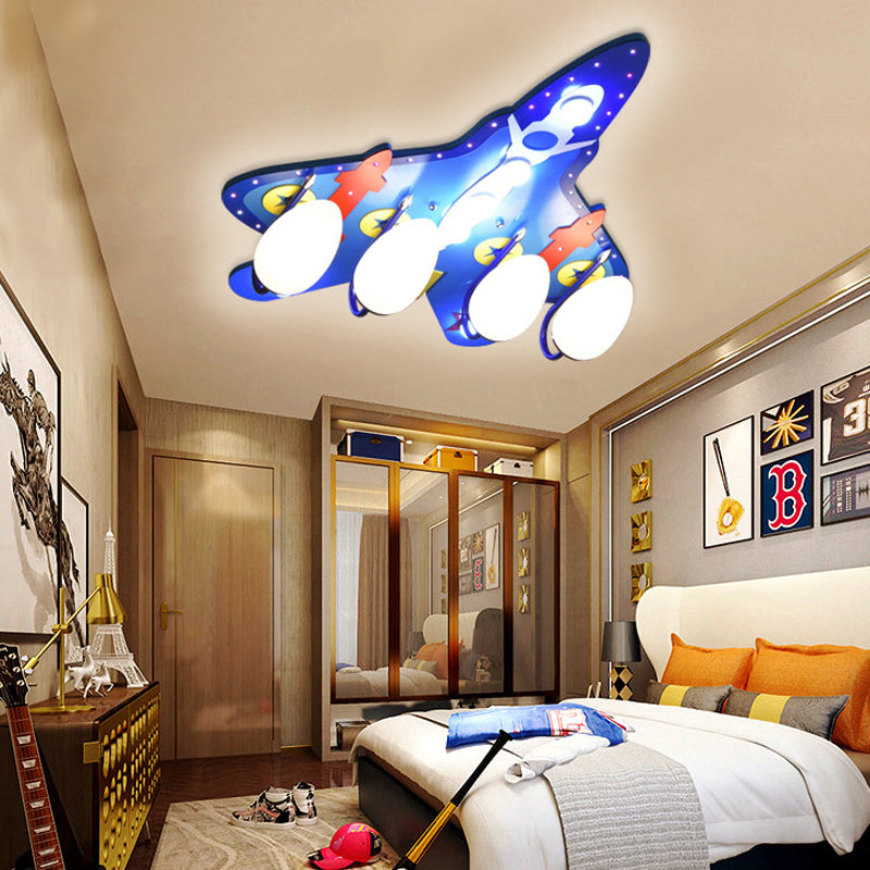 Wooden Attack Airplane Ceiling Light 4 Heads Cartoon Flush Mount Light in Blue for Nursing Room Clearhalo 'Ceiling Lights' 'Close To Ceiling Lights' 'Close to ceiling' 'Glass shade' 'Glass' 'Pendant Lights' Lighting' 201780