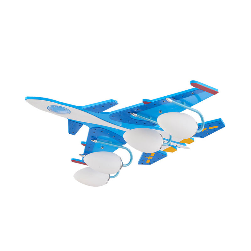 Kids Fighter Aircraft Flush Ceiling Light Glass Wood Blue LED Ceiling Lamp for Amusement Park Clearhalo 'Ceiling Lights' 'Chandeliers' 'Close To Ceiling Lights' 'Close to ceiling' 'Glass shade' 'Glass' Lighting' 201802