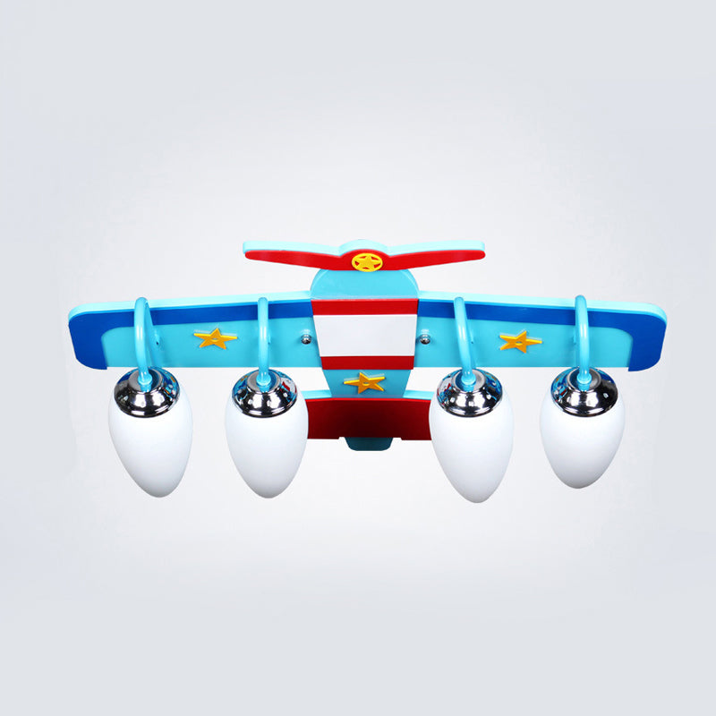 Wooden Propeller Plane Ceiling Lamp Theme Park 4 Heads Cartoon Flush Mount Light in Blue Blue Clearhalo 'Ceiling Lights' 'Close To Ceiling Lights' 'Close to ceiling' 'Glass shade' 'Glass' Lighting' 201828