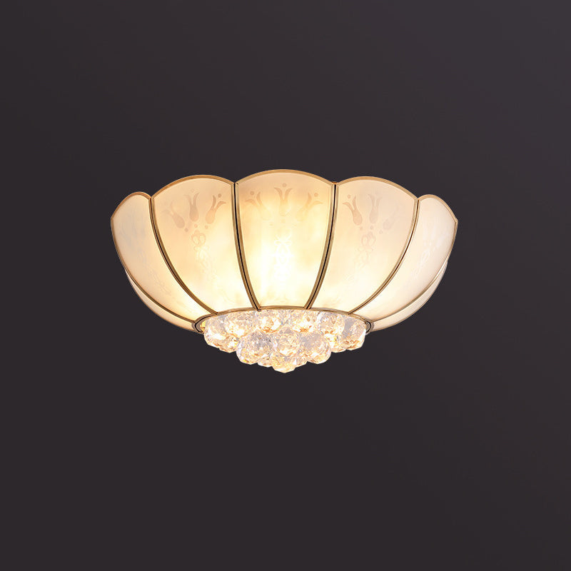 Farmhouse Bowl Semi Flush Mount Light Frosted Glass Ceiling Lighting in Brass with Orb Crystal Accent Brass 23