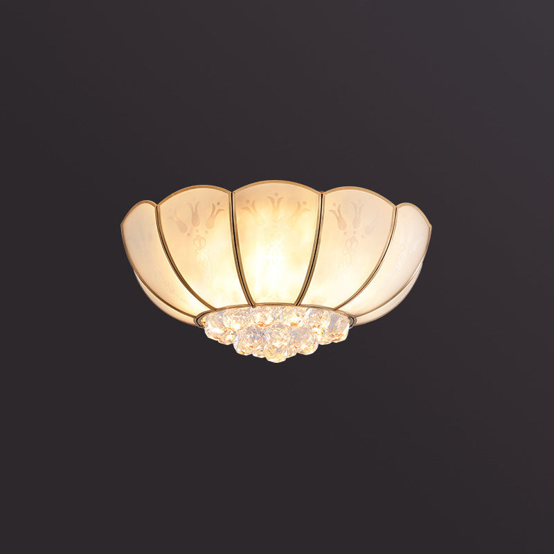 Farmhouse Bowl Semi Flush Mount Light Frosted Glass Ceiling Lighting in Brass with Orb Crystal Accent Brass 19.5