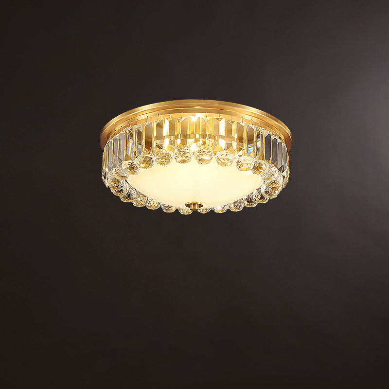 LED Flush Ceiling Light Country Bowl Frosted Glass Flush Mount Fixture in Brass with Round Crystal Edge Brass 18