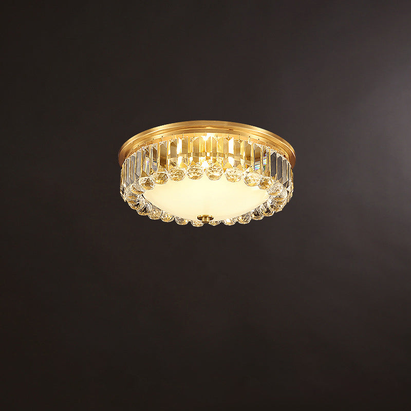 LED Flush Ceiling Light Country Bowl Frosted Glass Flush Mount Fixture in Brass with Round Crystal Edge Brass 14