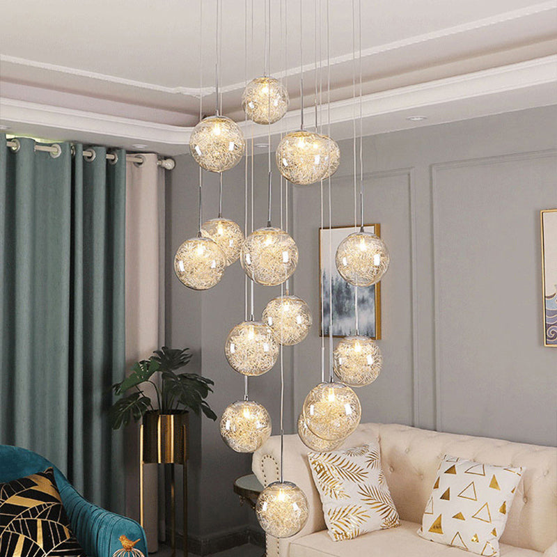 Clear Glass Spherical Multi Light Pendant Simplicity Chrome Hanging Lamp Kit for Stairs Clearhalo 'Ceiling Lights' 'Modern Pendants' 'Modern' 'Pendant Lights' 'Pendants' Lighting' 2025334