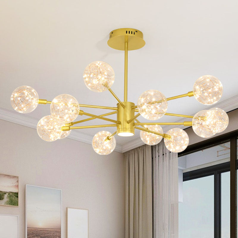 Starburst Hanging Ceiling Light Modern Metal Living Room LED Chandelier with Orb Glass Shade 12 Gold Clearhalo 'Ceiling Lights' 'Chandeliers' 'Glass shade' 'Glass' 'Modern Chandeliers' 'Modern' Lighting' 2025887