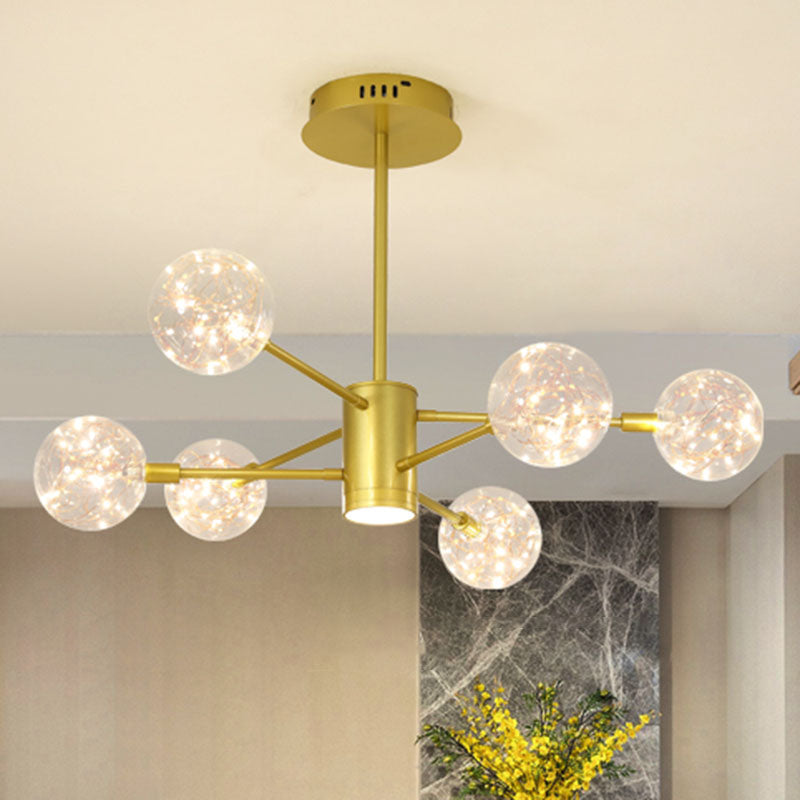 Starburst Hanging Ceiling Light Modern Metal Living Room LED Chandelier with Orb Glass Shade 6 Gold Clearhalo 'Ceiling Lights' 'Chandeliers' 'Glass shade' 'Glass' 'Modern Chandeliers' 'Modern' Lighting' 2025893