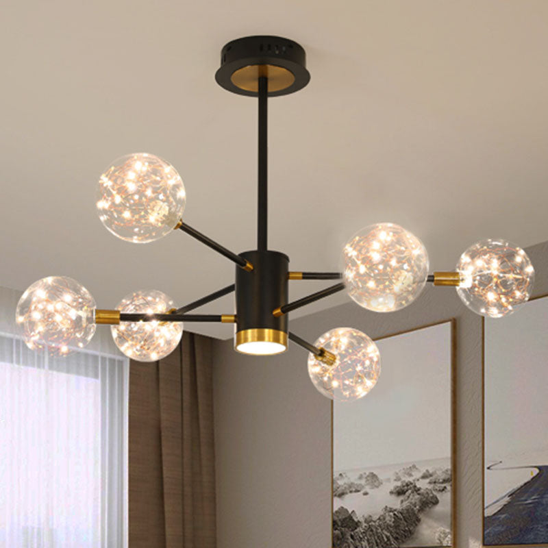 Starburst Hanging Ceiling Light Modern Metal Living Room LED Chandelier with Orb Glass Shade 6 Black Clearhalo 'Ceiling Lights' 'Chandeliers' 'Glass shade' 'Glass' 'Modern Chandeliers' 'Modern' Lighting' 2025894