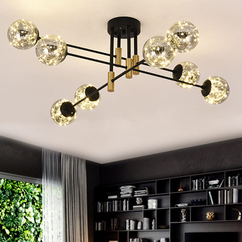 Nordic Ball Semi Flush Light Fixture Smoke Glass Living Room Starry Ceiling Lamp in Black 8 Black Clearhalo 'Ceiling Lights' 'Close To Ceiling Lights' 'Close to ceiling' 'Semi-flushmount' Lighting' 2026058