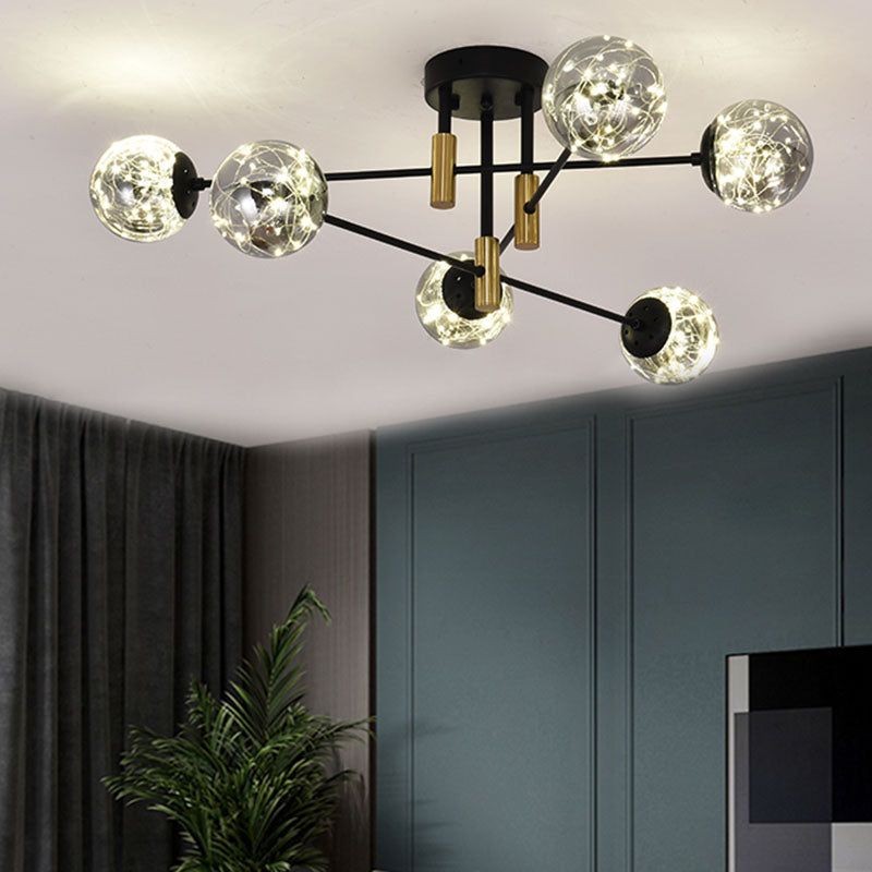 Nordic Ball Semi Flush Light Fixture Smoke Glass Living Room Starry Ceiling Lamp in Black 6 Black Clearhalo 'Ceiling Lights' 'Close To Ceiling Lights' 'Close to ceiling' 'Semi-flushmount' Lighting' 2026061