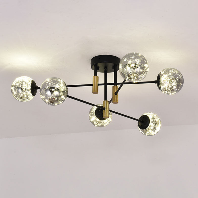 Nordic Ball Semi Flush Light Fixture Smoke Glass Living Room Starry Ceiling Lamp in Black Clearhalo 'Ceiling Lights' 'Close To Ceiling Lights' 'Close to ceiling' 'Semi-flushmount' Lighting' 2026062