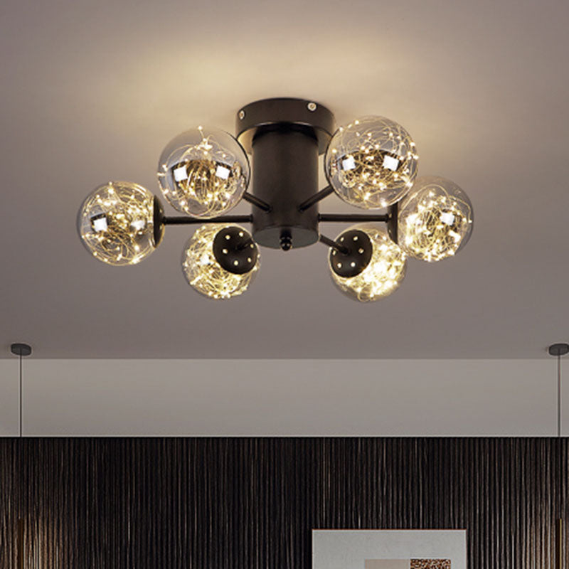 Radial Living Room Semi Flush Mount Smoke Grey Glass Contemporary Ceiling Light Fixture in Black 6 Smoke Gray Clearhalo 'Ceiling Lights' 'Close To Ceiling Lights' 'Close to ceiling' 'Semi-flushmount' Lighting' 2026076