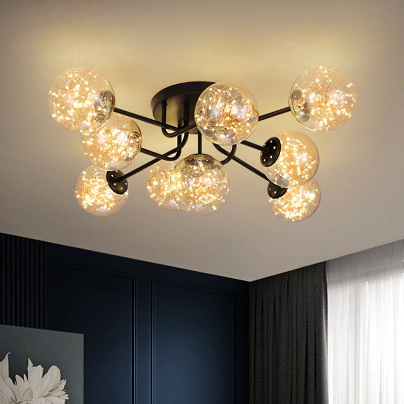 Sputnik Metal Ceiling Lamp Modern Starry LED Black Semi Flush with Global Glass Shade Clearhalo 'Ceiling Lights' 'Close To Ceiling Lights' 'Close to ceiling' 'Semi-flushmount' Lighting' 2026089