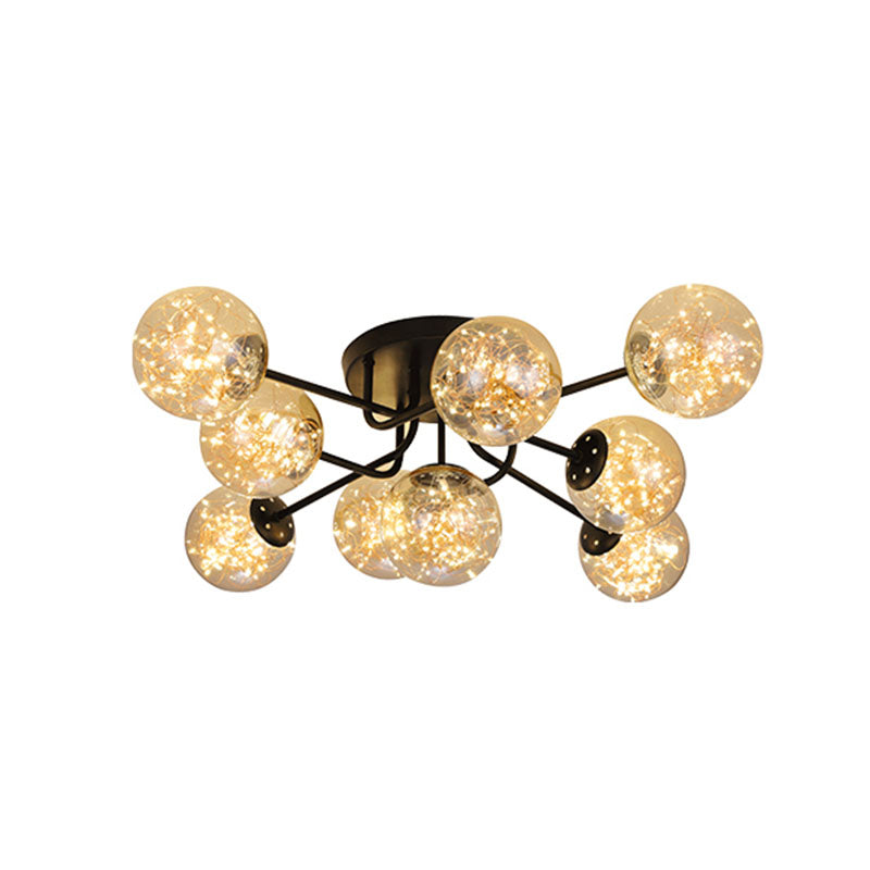 Sputnik Metal Ceiling Lamp Modern Starry LED Black Semi Flush with Global Glass Shade Clearhalo 'Ceiling Lights' 'Close To Ceiling Lights' 'Close to ceiling' 'Semi-flushmount' Lighting' 2026092