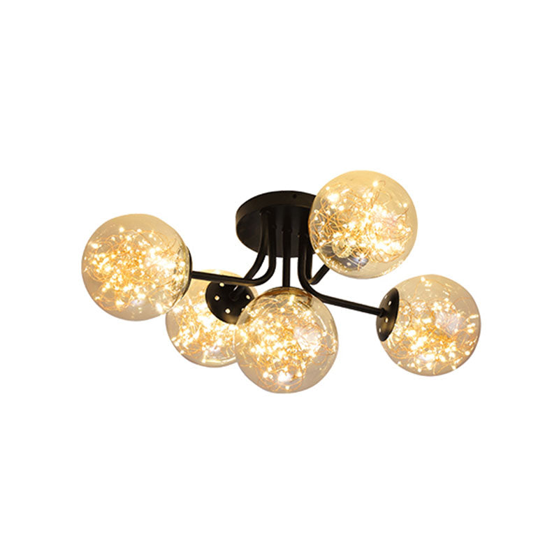 Sputnik Metal Ceiling Lamp Modern Starry LED Black Semi Flush with Global Glass Shade 5 Amber Clearhalo 'Ceiling Lights' 'Close To Ceiling Lights' 'Close to ceiling' 'Semi-flushmount' Lighting' 2026095