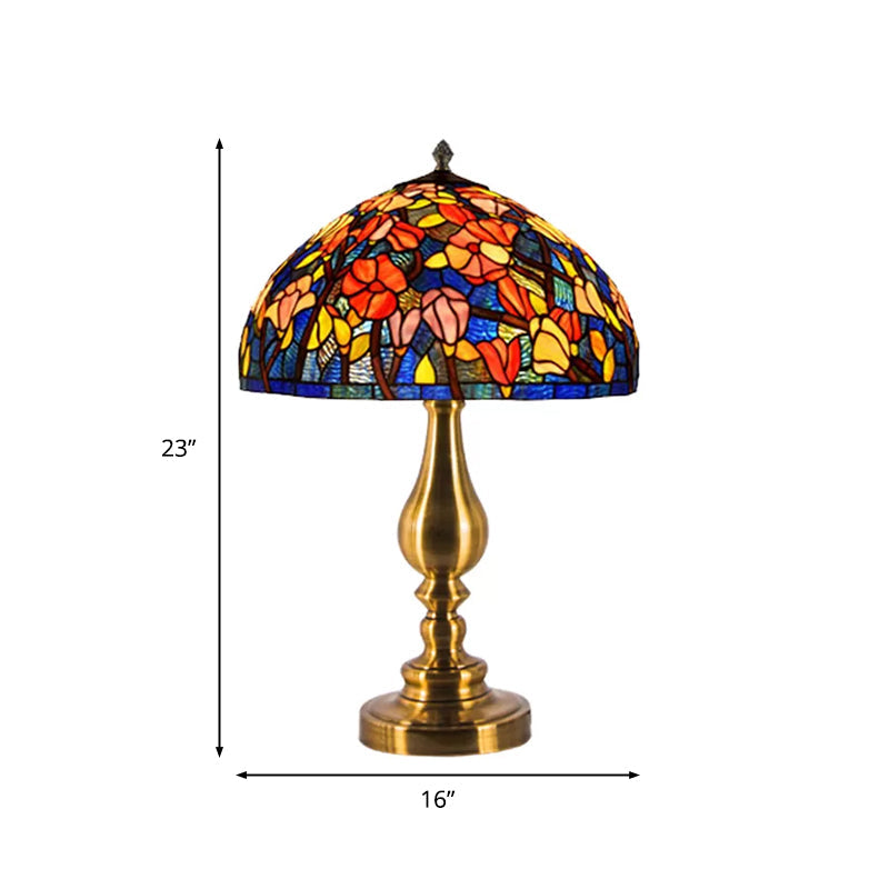 Tiffany Glass Brass Table Lamp Domed 1 Light Classic Night Lighting with Magnolia Pattern Clearhalo 'Lamps' 'Table Lamps' Lighting' 2026570