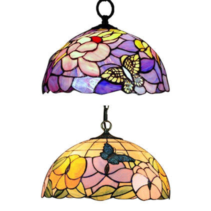 Butterfly Suspension Lamp Baroque 1 Head Yellow/Purple Stained Art Glass Ceiling Hanging Light, 12