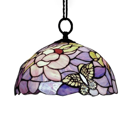 Butterfly Suspension Lamp Baroque 1 Head Yellow/Purple Stained Art Glass Ceiling Hanging Light, 12