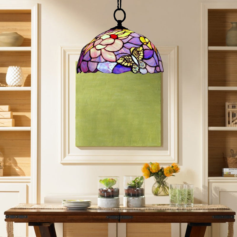 Butterfly Suspension Lamp Baroque 1 Head Yellow/Purple Stained Art Glass Ceiling Hanging Light, 12