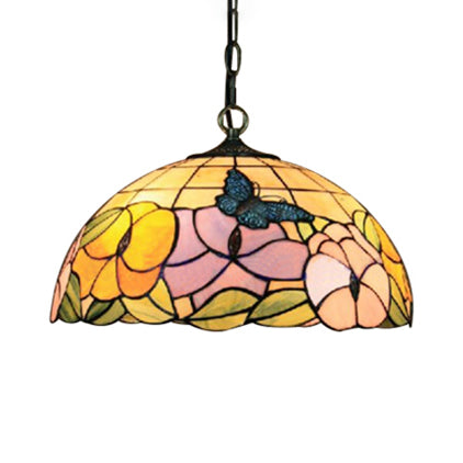 Butterfly Suspension Lamp Baroque 1 Head Yellow/Purple Stained Art Glass Ceiling Hanging Light, 12