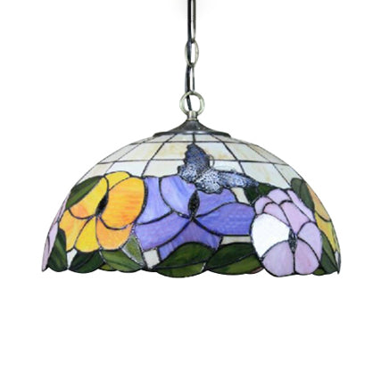 Butterfly Suspension Lamp Baroque 1 Head Yellow/Purple Stained Art Glass Ceiling Hanging Light, 12