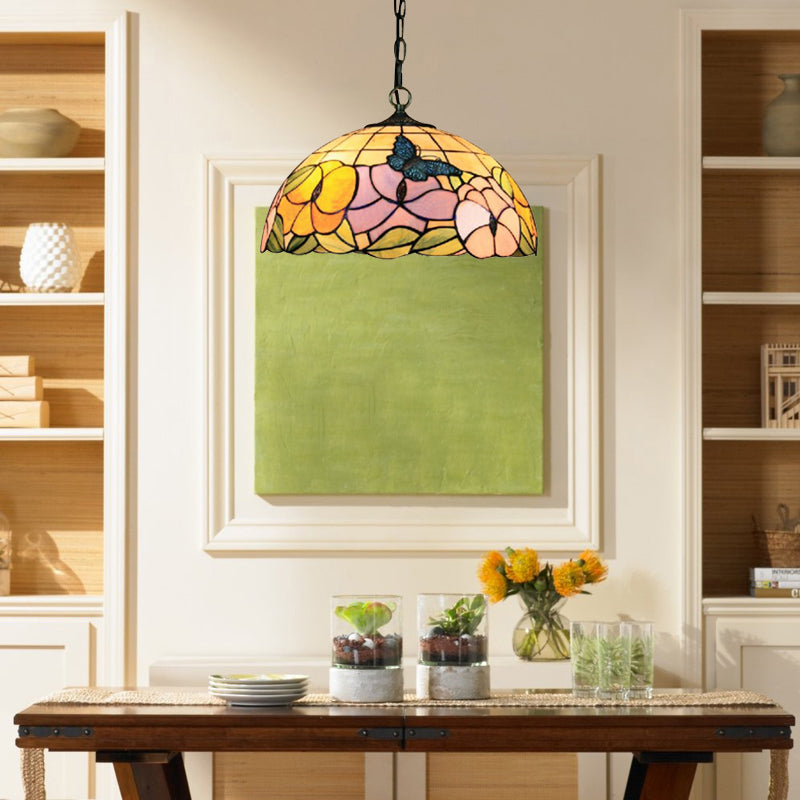 Butterfly Suspension Lamp Baroque 1 Head Yellow/Purple Stained Art Glass Ceiling Hanging Light, 12