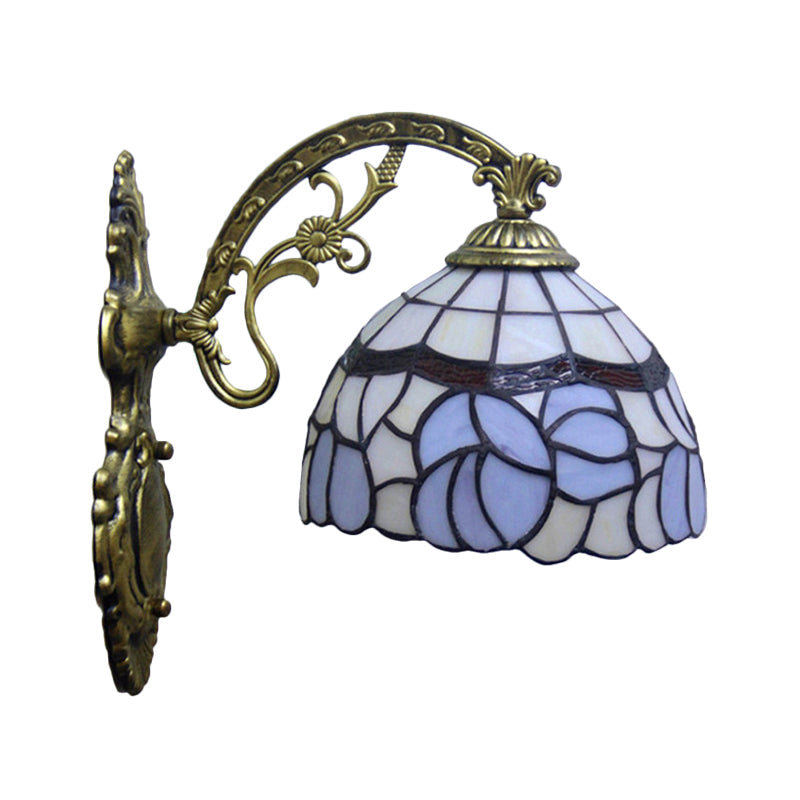 1 Light Bowl Wall Lamp Sconce Tiffany Style Blue Stained Art Glass Wall Lighting with Arched Arm Clearhalo 'Art deco wall lights' 'Cast Iron' 'Glass' 'Industrial' 'Middle century wall lights' 'Modern' 'Tiffany wall lights' 'Tiffany' 'Traditional wall lights' 'Wall Lamps & Sconces' 'Wall Lights' Lighting' 2029231