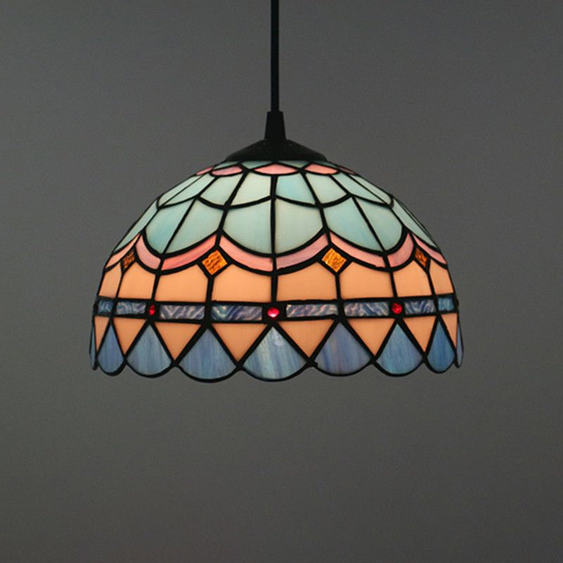 Lattice Bowl Pendulum Light Tiffany Stained Glass 1-Light Blue Suspension Lamp for Dining Room Blue Medium Cord Clearhalo 'Art Deco Pendants' 'Cast Iron' 'Ceiling Lights' 'Ceramic' 'Crystal' 'Industrial' 'Metal' 'Middle Century Pendants' 'Pendant Lights' 'Pendants' 'Tiffany close to ceiling' 'Tiffany Pendants' 'Tiffany' Lighting' 2029520