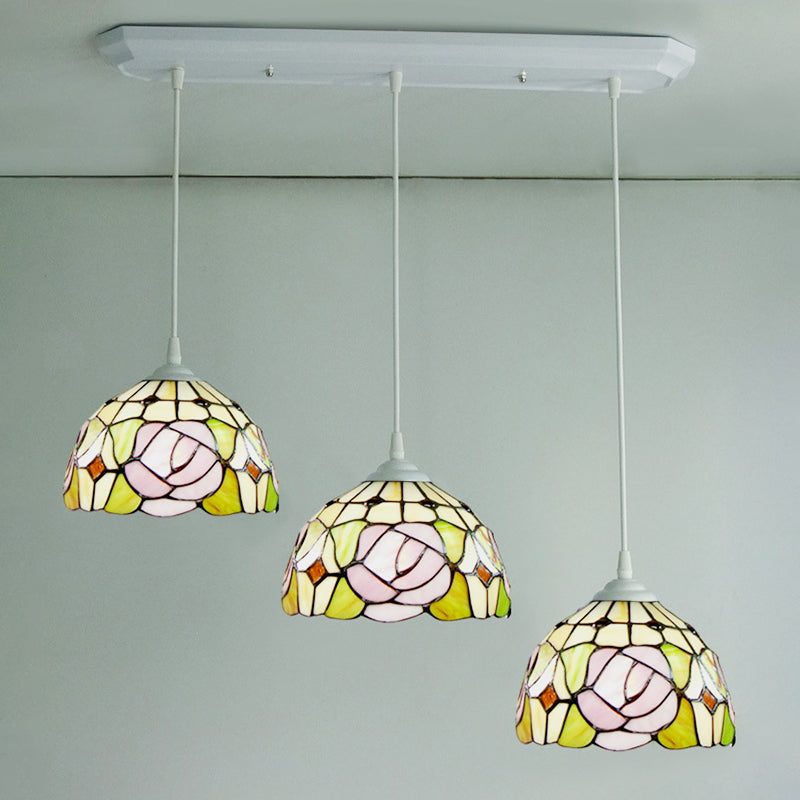 Dome Stained Glass Pendulum Light Victorian 3 Heads White Rose Patterned Cluster Pendant Light for Dining Room White Clearhalo 'Art Deco Pendants' 'Cast Iron' 'Ceiling Lights' 'Ceramic' 'Crystal' 'Industrial' 'Metal' 'Middle Century Pendants' 'Pendant Lights' 'Pendants' 'Tiffany close to ceiling' 'Tiffany Pendants' 'Tiffany' Lighting' 2029587