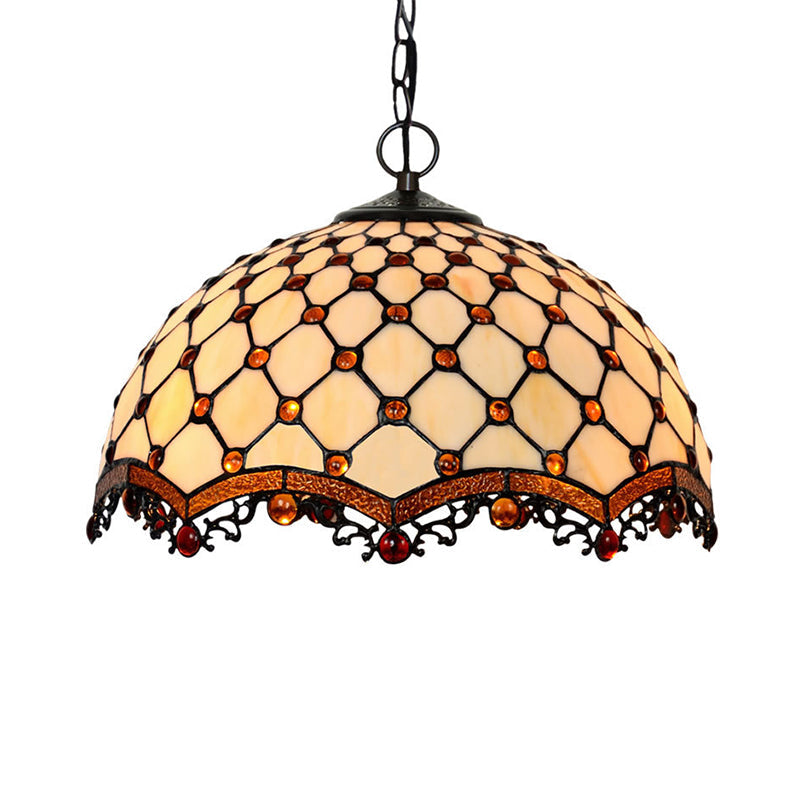 Scalloped Pendant Ceiling Light Tiffany Stained Glass 1 Light White Jewelry Suspension Lamp for Dining Room Clearhalo 'Ceiling Lights' 'Chandeliers' 'Close To Ceiling Lights' 'Industrial' 'Middle Century Chandeliers' 'Tiffany Chandeliers' 'Tiffany close to ceiling' 'Tiffany' Lighting' 2029613