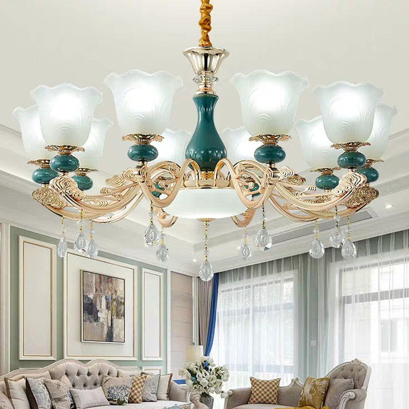 Blooming Ceiling Chandelier Modernist Frosted Glass Living Room Pendant Light Kit in Green 10 Green Clearhalo 'Ceiling Lights' 'Chandeliers' 'Modern Chandeliers' 'Modern' Lighting' 2029924